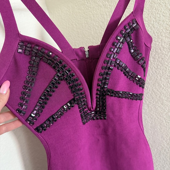 MARCIANO 90s purple plunge jewel bodycon bandage dress size XS party glamour - Picture 3 of 9